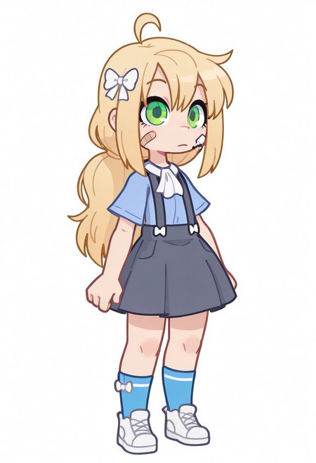 1 girl , solo , KiCCd, KiCCdGacha, girl, blonde hair, long hair, ahoge, green eyes, plaster on the face, blue shirt, white bow on the neck, white bow in the hair, suspenders, grey skirt, blue socks, white shoes, 
masterpiece ,best quality ,amazing quality, Flatline, Flat vector illustration, rapscallionstyle ,huffslove ,S4bit4mago_illu ,
