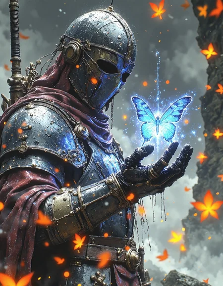 moody digital painting in a dark fantasy style, heavily emphasizing atmospheric rain. Picture a knight in full plate armor, helmet obscuring their face, standing in a rain-soaked environment.  The knight's armor is dark metal and appears to be weathered and wet. They are holding out a hand, and resting on their fingertips is a glowing, bright blue butterfly. The background is blurred but suggests dark, rocky cliffs and more rain falling. The scene is lit softly, with the butterfly being the primary light source, contrasting against the dark, rainy setting. The overall mood is melancholic yet hopeful, with a strong focus on the contrast between the knightâs harshness and the butterflyâs fragility, <lora:Vibrantly_Dark_style_v.1:0.5>, <lora:anhei_first_flux_lora_v1:0.4>, <lora:FantasyWizardWitchesFluxV2-000001:0.8>, <lora:aidmaMJ6.1_v0.5_3:0.6>
