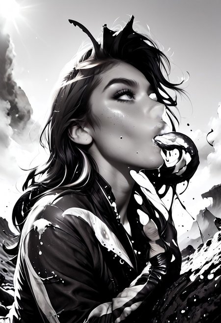 score_9, score_8_up, score_7_up, Realistic, cinematic shot, selective color, monochrome background, grayscale, 4k, Gadget, side view,
(((Girl kisses an alien, hetero, cross species, inter species))), 
Tender kiss,
(1boy, large alien, alien species, strong animal, non-humanoid, slime, chitin, antennae,  tentacles, groping girl),
18yo, blonde, red front highlights, perfect face, stunning, breathtaking face, detailed face, perfect teeth, expressive eyes, extremely cute, medium boobs, round stomach, sexy, partial nudity,
Pear-shaped figure, short female, stocky, perfect round butt, wide hips, narrow waist, strong legs, thick thighs, long legs, short torso, narrow shoulders, 
Work clothes, space mechanic outfit, thick cargo pants, midriff, 
Detailed background, black and white background , alien desert, alien desert flowers, alien fauna, impossible landscape, two moons, outdoors, open space, 
highres, absurdres, in focus, hetero,
easynegative, CyberRealisticPony_POSV1, Stable_Yogis_PDXL_Positives, negative_hand, ALRGFC, alluring face, realistic, Gadget, SelectiveColorStyle, 1colorpop, 2colorpop