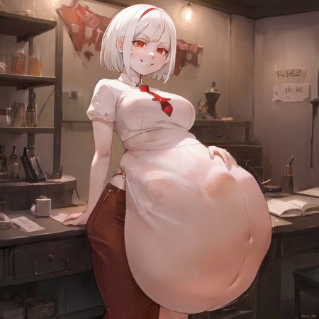big belly, vore, short hair, red eyes, white hair, bob cut, smirk, grin, smug, narrowed eyes, wide hips, small breasts, <lora:VoreBelliesLoraB:1>, beautiful, masterpiece, best quality, extremely detailed face, perfect lighting, 1girl, solo,