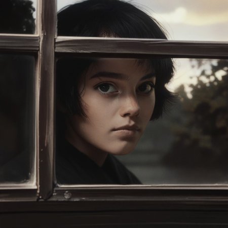score_9, score_8_up, score_7_up, score_6_up, flmgr, flmgr, film grain, cinematic, cinematic light, solo, black hair, realistic, black eyes, looking at viewer, portrait, 1girl, short hair, closed mouth, Outside the window