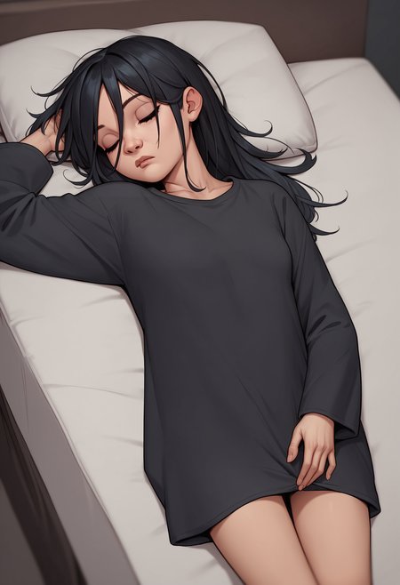 score_9, score_8_up, score_7_up, score_6_up, score_5_up, score_4_up, source_western, source_cartoon, 1girl, <lora:TheFemale:0.7> small breasts, black eyes, black hair, long hair, oversized shirt, black shirt, sleeping, 
bedroom background, blurry background,