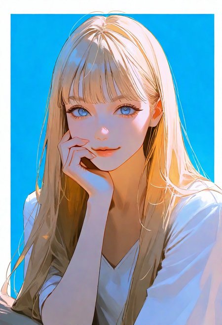 1girl, golden blonde, beautiful, detailed eyes, hair cascading in soft waves \(hairstyle\), young, blue eyes, long hair, bangs, white top, muted colors, {{beautiful detailed face}}, semi-realistic, {{aesthetic}}, {{{best quality}}}, stunning, perfect body, soft features, looking at viewer, {playful|smirking} \(expression\), upper body, leaning, hand on face
