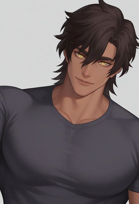 uliosi, solo, looking at viewer, smile, short hair, simple background, brown hair, shirt, black hair, 1boy, white background, hair between eyes, closed mouth, yellow eyes, dark skin, medium hair, lips, shadow, dark-skinned male, thick eyebrows, light smile, slit pupils, upper body, eyebrows hidden by hair, male focus, muscle, muscular, selfie pecs