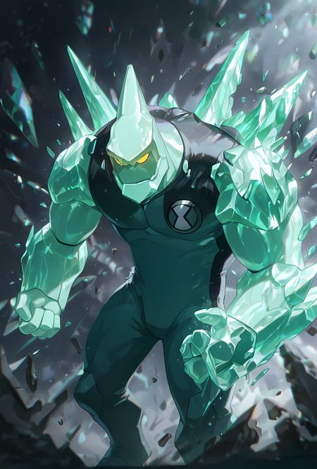 <lora:diamondhead-06:1> diamondhead, robot, yellow eyes, solo, 1boy, no humans, pokemon (creature), armor, spikes, yellow sclera, green skin,  cartoon,  <lora:WSSKX_WAI:1> crystals everywhere, angry,  grey background,, masterpiece, best quality, amazing quality, very aesthetic, absurdres, newest,