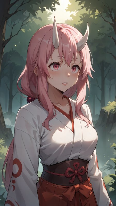 score_9,score_8_up,score_7_up,score_6_up, source_anime, zPDXL, <lora:Shuna - Pony-000004:0.7>,  girl, low-tied long hair, pink hair, white oni horns, pink eyes, miko, red hakama, <lora:Wakfu_CartoonV02:0.5>, <lora:xl_more_art-full_v1:0.5>,  mist, dense fog, pine forest, dim lighting, sunrise, crawling,