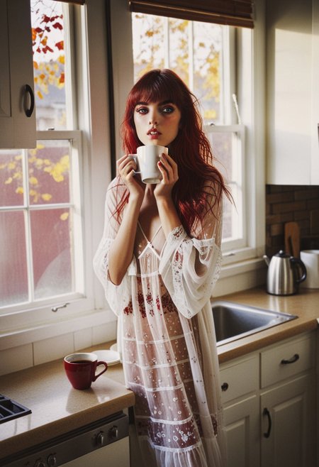 realistic, score_9, score_8_up, score_7_up, 1girl, Yor Briar, bangs, long hair, deep red eyes, in kitchen, near kitchen top, drinking hot coffee from mug, wearing nightgown, in morning, autumn season, sunlight coming through window, photography in the style of Guy Aroch