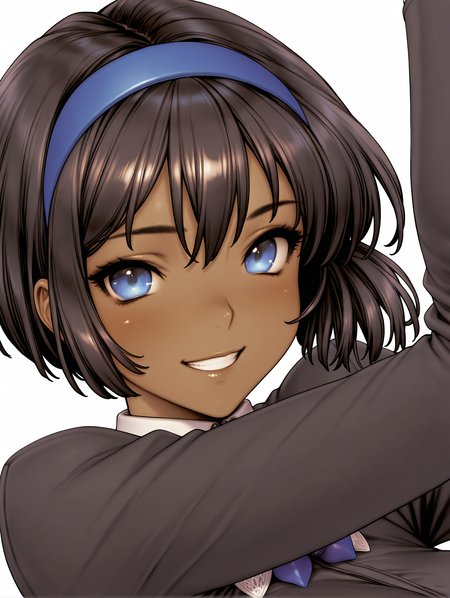 masterpiece,best quality,newest,1girl,solo,
<lora:Grace_Blackberry_ilxl_v1.4:1>,Grace,blue eyes,black hair,hairband,dark-skinned female,g_clothes,impossible clothes,long_sleeves,dress,
<lora:Fixhands_anime_bdsqlsz_V1:1>,looking_at_viewer,white_background,simple_background,light_blush,grin,portrait,arm_above_head,front view,