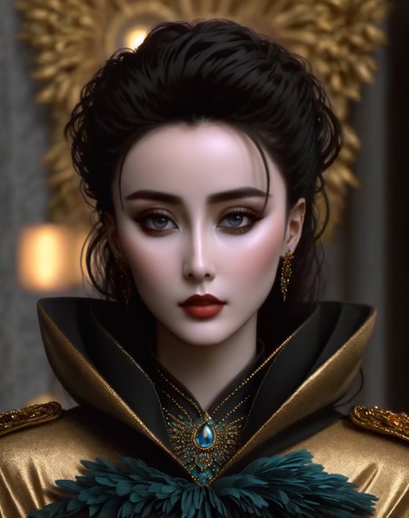 <lora:HP_Balenciaga:0.8>,  BalenciagaStyle, 

Masterpiece, high quality, 8K, beautiful design,((eyes brimming with life)), shiny, from the front, award winning photo, extremely detailed, amazing, fine detail, absurdres, highly detailed woman, extremely detailed eyes and face, by lee jeffries nikon d850 film stock photograph 4 kodak portra 400 camera f1.6 lens rich colors hyper realistic lifelike texture dramatic lighting unrealengine trending on artstation cinestill 800 tungsten, solo, 1girl, fanbingbing, a woman in a black dress and a gold jacket, covered in blue feathers , wearing fanbingbing fashion, <lora:FanFashion:0.825>

, character  dressed in BalenciagaStyle