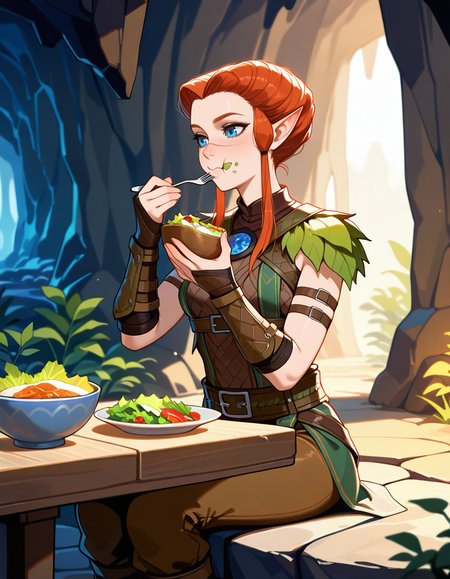 masterpiece, best_quality, high_quality, highres, extremely_detailed, ultra_detailed, detailed_eyes, skin_detail, intricate. subject_focus, depth_of_field, clean_lines, sharp_focus, perfect_anatomy. dramatic, cinematic. 



KaghaBG3, Druid Outfit, 1girl, leather arm guard,nose face scar, pointy ears, brown pants, leaf shoulder guard

sitting one a stone, stone table, cave, eating salad, salad bowl, fork, full mouth, 