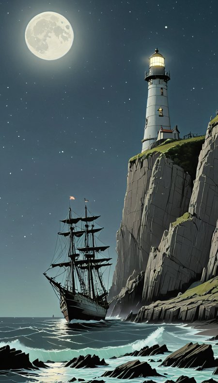 <lora:Everly_Heights_Backgrounds_New_Settings:1> A dilapidated ship with tattered sails is anchored near rocky cliffs under a moonlit sky with a lighthouse standing tall in the background.