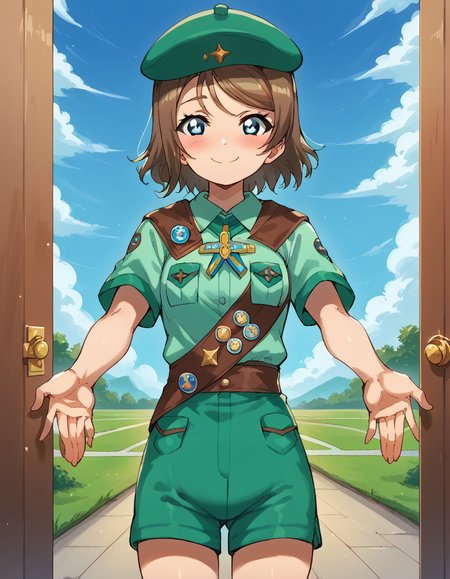 score_9, score_8_up, score_7_up, source_anime, <lora:you-watanabe-s2-ponyxl-lora-nochekaiser:1>, you watanabe, blue eyes, brown hair, short hair, swept bangs, medium breasts, <lora:girl-scout-uniform-ponyxl-lora-nochekaiser:1> girl scout uniform, badge, beret, breast pocket, girl scout, green hat, hat, short sleeves, shirt, green shirt, shoulder sash, medal, button badge, uniform, shorts, green shorts, short shorts, kneehighs,, smile, blush, looking at viewer, blue sky, clouds, entrance, doorway, <lora:incoming-gift-ponyxl-lora-nochekaiser:1>, incoming gift, outstretched arms, holding, holding box, box, cardboard box,, cowboy shot,