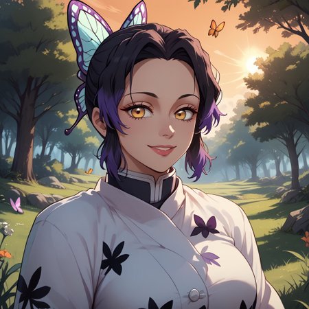 score_9, score_8, BREAK, Shinobu Kochō, (demon slayer, Kimetsu No Yaiba), animal print, black hair, butterfly, butterfly hair ornament, butterfly print, forehead, gradient hair, hair ornament, haori, multicolored hair, parted bangs, purple hair, short hair, two-tone hair,, sexy pose, self portrait, smile, outdoors, sunlight, shadows, evening lighting, natural lighting, forest, trees, grass, orange sky, sunset