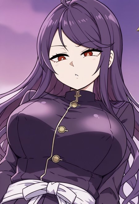 1girl, gundou mirei, red eyes, long hair, virtual youtuber, swept bangs, purple hair, parted bangs, <lora:pony_char_gundou_mirei-000030:1>  ,,,,,, anime coloring, anime screencap, 1girl,Solo ,, anime,PUFFY nipple,,,official art, Uncensored ,Unedited ,,,, , ,,,large breasts