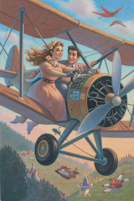 magr1 illustration.
A romantic scene of a couple on a vintage biplane. The woman, in the foreground, is a stylish woman with curly blonde hair adorned with a flower garland and wearing a light, flowing, peach-colored dress with a wide belt, a matching hat, and gloves. The man is piloting the biplane with his hands firmly on the steering wheel. <lora:magr1_cap_d6a3e12:1.0><lora:828064966193144987:0>