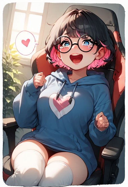 score_9, score_8_up, score_7_up, Expressiveh, 1girl, solo, cute face, cute features, shortstack, thin pink lips, long black eyelashes, ((short hair, black hair, pink highlights, bangs)), big round glasses, black framed glasses, blue eyes, (heart logo on hoodie), large breasts, oversized blue hoodie, oversized sleeves, thigh high socks, big smile, (((thick white character outline))), hearts, from below, bedroom, sitting on gaming chair, extreme close-up, up close, face focus, open mouth,solo,tears,crying,blush,crying with eyes open
