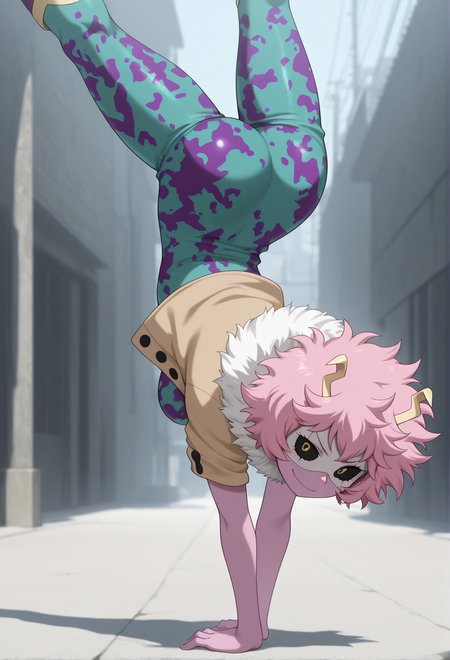 masterpiece, best quality, amazing quality, 1girl, solo, <lora:IlluMina:1> ashido mina, short hair, pink hair, horns, pink skin, yellow eyes, black sclera, fur trim, mask, bodysuit, open jacket, smirk, cowboy shot, short sleeves, fur collar, dynamic pose, outdoors, upside-down, handstand,