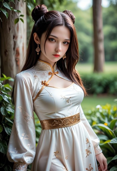 lazypos,masterpiece,ultra-HD,photorealistic,high detail,best quality,very aesthetic,8k,best quality,sharp focus,realistic,three quarter face shot,depth of field,shallow depth of field. 1girl,cowboy_shot,looking at,
viewer,lipstick, makeup, 
solo,dress,hair_ornament,long_hair,black_hair,jewelry,white_dress,earrings,expressionless,hair_bun,closed_mouth,chinese_clothes,blue_dress,long_sleeves,brown_hair,medium breasts,thighs,<lora:0  sdxl_lightning_4step_lora:0.7>,<lora:0  cfg_scale_boost:0.7>,<lora:1 xm a½æ¼« pony-c°cµa§¬ee¡£æ³ac_v1.0:0.7>