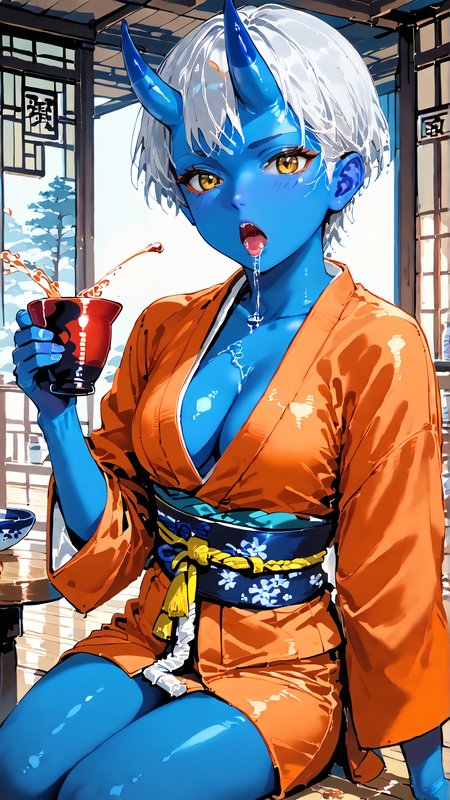 sjsartstyle, 2d, (zPDXL2), cowboy shot, dynamic pose, dynamic angle, webtoon, anime, centered, solo, 1girl, 1woman, ((sitting on a chair)), holding sake cup in right hand, sake cup on a table, pouring sake down in sake cup, open mouth, wooden floor, sake jar, (orange open kimono), short kimono, (white hair), short hair, (blue skin:1.8), blue oni, flesh horns, yellow eyes, cleavage, sarashi bandages, tomboy, athletic, indoors, medieval fantasy, tavern background, <lora:sd_xl_dpo_lora_v1:1>, <lora:OMG-Is-DucHaiten_v1.0:0.1>, <lora:sjsartstyle pony:1>