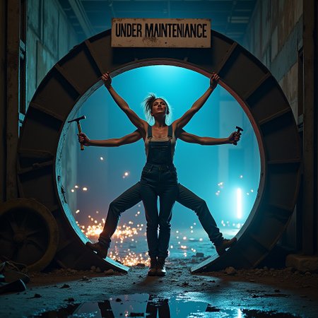 Sign: "Under Maintenance"  at the top of an archway, four armed, four legged, woman  standing in archway of factory ruins,  pose of the "Vitruvian man", wearing blue work-overall with blue pants, 
tools in hand, tools are hammer and wrench, trying to connect sparky cable with other hands, arms spread, legs spread, full body, standing, archway is part of circular machine, legs pressing against circle, neon light,  dirty cloth, long sleeves, dirty skin, detailed skin, 4arms, four legs, 4legs, sexy but save for work,
Effects: Darkness, neonlight, sparks in background, cyberpunk aesthetic. 
puddle on the ground mirroring image, sign on the ground: "Under Maintenance"