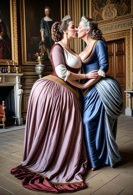 young prince getting washed by the middle aged servants, breasts shot,( life-like skin texture:1.5), realistic skin, (18th century:1.5), London, (victorian times), beautiful and mature, perfect face, Experienced middle-aged Empress, DArk blue or dark red or black royal traditional clothes, covered hair, expensive fabric, photorealistic, realistic, extreme realism, (masterpiece, photorealistic), dappled sunlight, studio lighting, (photorealistic:1.6), <lora:add_detail:0.8>, medieval queen, royal banquets, female guards, include masques (a form of courtly entertainment with dancing, acting, and elaborate costumes), feasts, and balls. Gowns and Kirtles: Women wore long, flowing gowns made of luxurious silk, dressed sexy and attractive, Empire waists 
2girls,
(55 years old:1.5), 
on all fours, 
huge ass, 
bent over,
slave boy,
milfs,
moms,
grannies, 
married, 
cheating, 
Mistress, 
French Queen medieval,
Empress, 
determined look, 
brave,
dominant presence, 
traditional 1650 royal outfit,
Powerful women, 
long legs, 
exposed legs, 
sexy legs, 
bustle dress, 1woman, loose pants, harem_pants, see-through, silk, tight-fitting shirt, impossible shirt, large breasts, long hair, loose_scarf, head_scarf, jewelry, , cleavage, large breasts, gigantic breasts, huge breasts, licking each other's tongues, kissing each other, kissing each other on the lips
