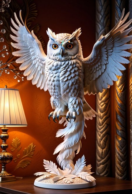 A photorealistic image of a majestic owl figure,
crystalstexture skin,(extremely delicate and beautiful), highly detailed, WhiteMold, art style, 3d printed mold, 
intricate details, dramatic composition, contrast, texture, realism, high quality, stunning art, film grain, volumetric lighting, detailed, 
background is cozy room,