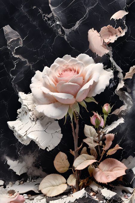Smoke rose. Broken white plaster. Broken marble. Dirt, Dust. <lora:xl_more_art-full_v1:1> <lora:add-detail-xl:3>  <lora:Linocut_Style:1>