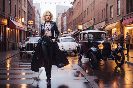 ZM_aisling,  (sharp focus moody color photo of irish adult woman in a 1930s noir gangster suit, intense situation:1.3). ("ODY" sign:1.5). sprinkling rain, stands in alley, (style of Gregory Crewdson:1.5), gangster film aesthetic, dark moody cinematography, vintage American cars, rain-soaked streets, 1930s clothes, prohibition-era motifs, moody atmospheric settings, a street scene with vintage cars parked along a cobblestone road, adult woman dressed in trench coat over pant suit, aura of suspense and intrigue, noir-inspired lighting casting long shadows, dimly lit alleyways with flickering street lamps, a speakeasy entrance in the background, Dust Bowl influences with a gritty and somber atmosphere, overcast sky with drizzling rain, reflections on the wet pavement, a sense of mystery and tension in the air, capturing the essence of the Great Depression era. (skinny waist, sexy feminine hips, adult European adult woman:1.55), (full body dynamic pose, full length, wide shot, entire person, standing, head to toe, long shot, distant view), (chin-length short hair, bleached blonde curly hair, center part:1.53), (24 years old feminine, European adult woman:1.22), lightly freckled, black leather oxfords, classic round toe, timeless style, classic mary janes,
