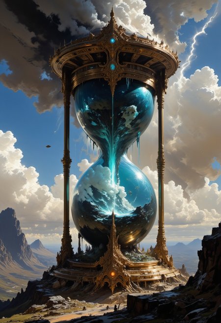 A colossal hourglass stands alone in a beautiful landscape, but instead of sand, lava, clouds smoke swirl inside it. Lightning arcs through the clouds as lava drips into the bottom chamber, where it pools into a miniature underwater ocean with tiny corals and shark. The hourglass itself is made of polished, ancient gold rokoko style and glass, its surface etched with intricate celestial designs. The background shows distant mountains, hazy from heat, contrasting with the cool, dynamic energy of the storm inside. Surreal textures of glass, clouds, and volcan lighting create a photorealistic and mythic aesthetic.
