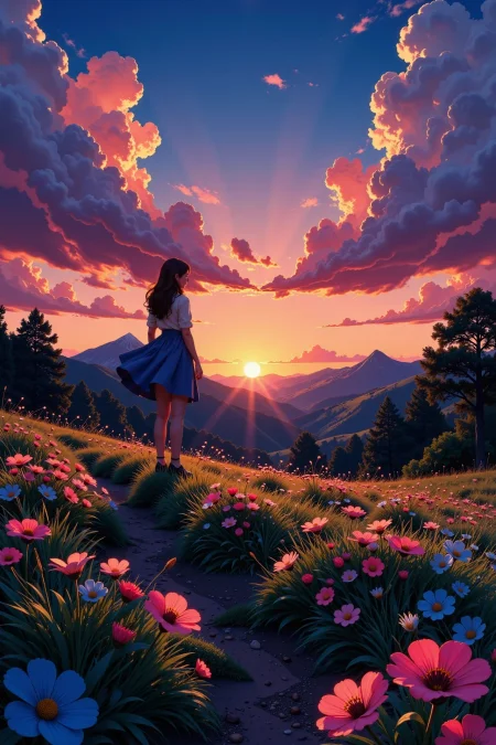 field beautiful  landscape, dusk, woman, very intricate, very detailed, sharp, bright, colorful, <lora:Hand v2:0.5> <lora:Anti-Blur:1><lora:Insane Detail Slider:0.25>  <lora:flux.1_lora_flyway_Epic-detail_v2:0.3> <lora:fluxenhancer:0.25> <lora:Anime art - Variant 3:0.6> Anime art
