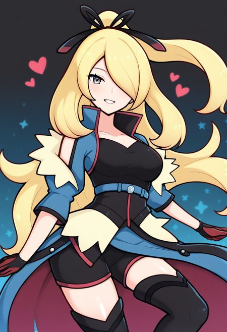 2d, masterpiece, best quality, amazing quality, 1girl, solo, close-up, standing, smile, upper body, cowboy shot, looking at viewer, simple background, colorful background, hearts, stars, auracynthia, def colors, grey eyes, blonde hair, very long hair, ponytail, black hair ribbon, hair over one eye, collarbone, blue jacket, shoulder cutout, red gloves, black shirt, blue belt, black shorts, showgirl skirt, blue skirt, red lining, thigh boots, high heels boots, black footwear, score_9, score_8_up, score_7_up,source_anime