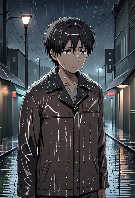 high resolution, solo, best quality, 1Boy, Takaki Toono, Brownish Hair, Brown Eyes, heavy rain, night, looking down, sad, leather jacket, looking away, wet, wet hair, OverallDetail
