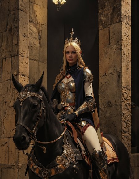 By Phandigrams. A shoot from the side about a female warrior in ornate armor sitting on a horse, with a serious expression. the image also shows a dark, dimly lit environment with stone walls in the background. on the middle of the image, a 1woman, who appears to be in her late 20s, with long blonde hair, is sitting on the back of a dark horse. she is wearing heavy, metallic armor with a cape draped over her shoulders, and a crown on her head. her facial expression is serious, and she is looking directly at the viewer. her body is slim, and her hair is styled in long hair. she has a mole on her nose and is wearing black gloves.