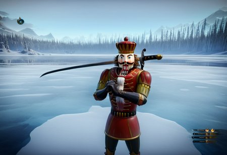(nutcracker),
high guard sword parry stance,
at a frozen lake,
game screenshot,
looking at the camera,
sfw