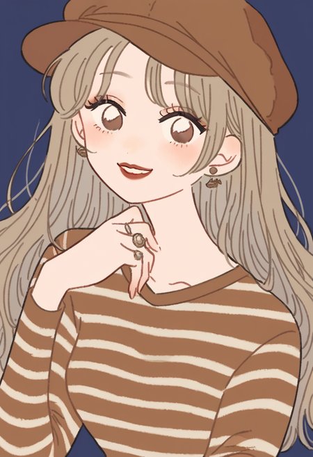 score_9, score_8_up, score_7_up, score_6_up, source_anime, <lora:rikuwo_v0.3-pony:1>
1girl, long hair, looking at viewer, blush, smile, brown hair, shirt, long sleeves, hat, brown eyes, upper body, earrings, head tilt, makeup, blue background, ring, striped shirt, brown headwear, red lips, brown shirt, teeth,