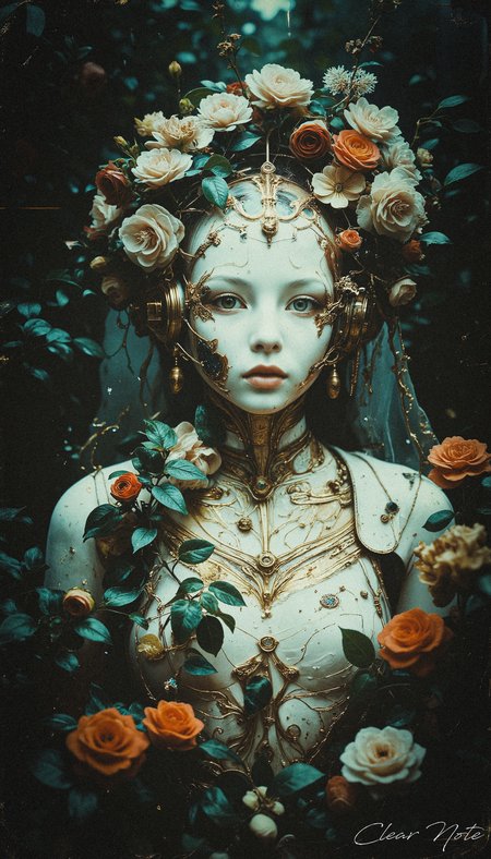 A flawlessly crafted white cyborg, adorned with cascading vines and blooming flowers, stands as a sublime fusion of nature and technology, radiating elegant mystique.