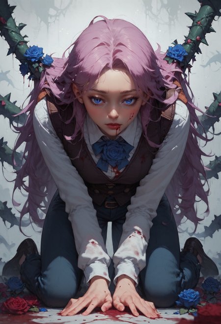 (score_9, score_8_up:1.1), score_7_up,  1girl, solo,blood, blood on clothes, blue flower, blue rose, flower, kneeling,long sleeves, pants, roses, shirt, thorns, vest, white background, white shirt, (thorns around body:1.2)  <lora:Expressive_H-000001> expressiveh <lora:Concept Art Twilight Style SDXL_LoRA_Pony Diffusion V6 XL:0.8> <lora:princess_xl_v2:0.7> <lora:sinfully_stylish_SDXL>