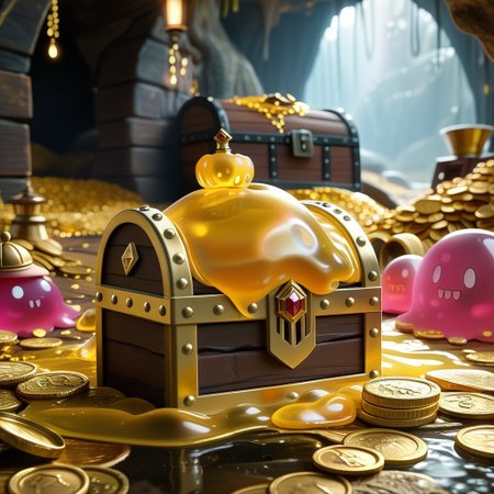 chalice made out of slime, fancy cup made out of slime, fancy chalice made out of slime, Detailed chalice made out of gold slime, Gem-studded slime chalice, multi-colored gems made out of slime, in a room of treasure made out of slime,  gold coins and bars made out of slime, wood-like treasure chest made out of slime, wood-colored slime chest, 
treasure-room, treasure, treasure chest, gemstone, coins, gold bars, gold pile, 
everything made of slime, No simple background,
((translucent slime)), ((transparent slime)), (bioluminescent slime), sl1m3d, slime, ais-blmn, watce, je11y, thickwater, great lighting, ral-lava, even lighting, no bright spots, slime-morph, made of slime,