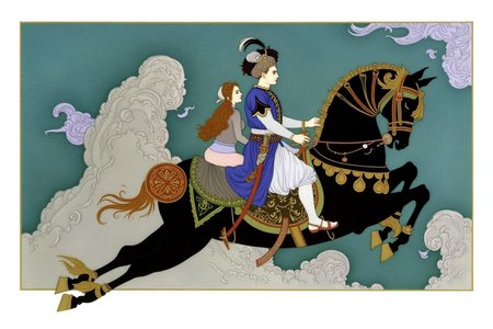 olgadugina1 illustration. 
A man and a woman are riding a black flying horse. The man wears blue and white cloth with gold designs, an elaborate Ottoman turban, and carries a sword. Behind him sits a woman, holding on to the man's waist. The horse has gold and red accents and leaps over gray clouds. The background features stylized clouds in purple and white. White borders frame the scene. <lora:olgadugina2_cap_d6a3e9:1.0><lora:858118351291995523:0>
