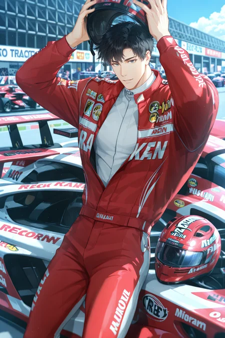 <lora:osborn-IL:0.8>,osborn,1boy, black hair, male focus, motor vehicle, race vehicle, jacket, pants, racecar, helmet, short hair, solo, holding, red pants, holding helmet, car, looking at viewer, red jacket, unworn headwear,bara,male focus,very awa,masterpiece,best quality,amazing quality,nsfw,uncersored,highres,best quality,amazing quality,best aesthetic,absurdres,