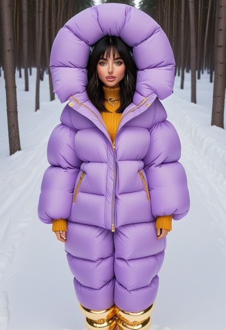 ((((puffer padded jacket)))), ((((puffer padded coat)))), ((((full body)))), ((((fur boots)))), ((((puffer pants)))), ((((puffer hood up)))), winter, snow, forest, 1girl, solo, (masterpiece), detailed face, detailed eyes, (beautiful detailed eyes:1.5), sidelighting, (super detail, hyper detail, intricate_details, detailed), (semi realistic:1.6), (Bob cut), blunt bangs,(black hair), (purple eyes, eyelashs), tanned skin, smug smile, angry face, Golden jewelery, golden rings, golden necklace, golden armlets, golden chains, padded cuffs, padded collar, Thick padded cuffs, Thick padded collar, <lora:Collar-SDXL:0.6>, <lora:Cuffs-SDXL:0.6>, <lora:Puffer_Jacket_and_Down_Jacket_-_Extra_Puffy_Jackets:0.4>, <lora:snowpants_v1:0.4>
