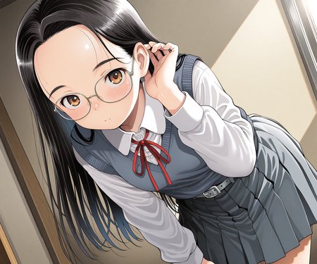 masterpiece, best quality, amazing quality, , 1girl, solo, looking at viewer,  black hair, long hair,  forehead, brown eyes,  glasses, neck ribbon, red ribbon,    white collared shirt, gray blue sweater vest,  gray blue skirt, pleated skirt,  gray blue belt, <lora:Tsukiyoshi Hiroki style ILL-v2:1> tsukiyoshihiroki