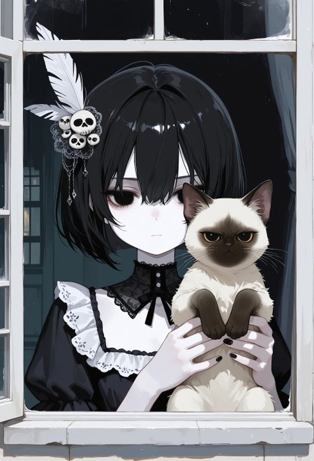 masterpiece,  best quality, good quality, very awa,  very aesthetic, absurdres, newest, painterly,  1girl, solo, black hair, bob cut, hair between eyes, feather hair ornament, black eyes, solid eyes, expressionless, pale skin, goth fashion, frilled dress, square neckline, detached collard,lace trim, hands up, nail polish, holding cat, animal, Siamese cat, grumpy cat, portrait, straight on, window, from outside