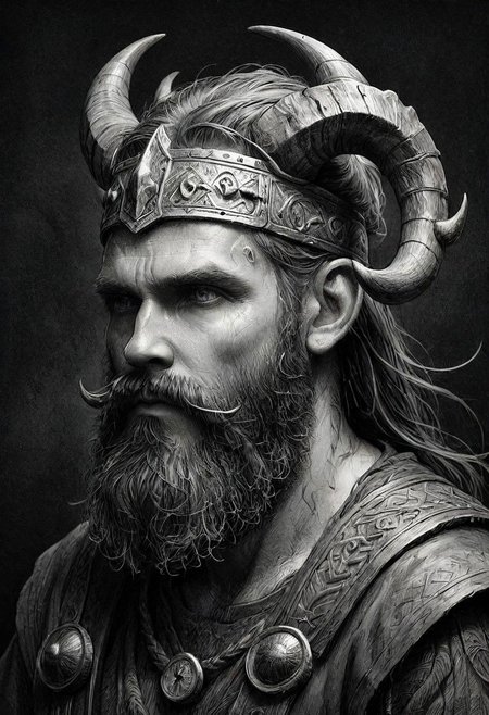 a black and white drawing of a bearded man with horns, norse god, male god svarog portrait, viking god, by Roman Bezpalkiv, by Tadeusz Pruszkwski, by Nikola Avramov, tuomas korpi and wlop, greybeard, painted portrait of rugged odin, 0 fantasy proto-slavic mythology, INK ART