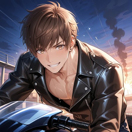 1 boy, Male focus, Love_Gavin, Love_Gavin_short_chestnut_brown_hair, Love_Gavin_light_brown_eyes, piercing, ear_piercing, thrill_seeker_spirit_surging, adrenaline_dilated_pupils, cocky_grin_with_teeth_bared:1.4, riding_sleek_black_motorcycle, leaning_into_drifting_turn:1.6, dynamic_pose_with_knee_scraping_ground_and_body_tilted_sharply, leather_jacket_slick_with_rain, Love_Gavin_scar_on_neck, wet_clothes_clinging_to_body, smooth_skin_with_sweat_drops_and_rain_streaks, one_hand_gripping_throttle_tightly, highway_at_dusk_with_oil_slicks_and_fading_sun, chrome_details_on_bike_gleaming, sparks_flying_from_boot, hair_plastered_to_forehead_in_wind, close_up_on_tensed_jaw_and_sweaty_neck, cinematic_dutch_angle, golden_headlights_cutting_through_dusk, soft_lighting_on_cheekbones, warm_glow_on_body, Masterpiece, amazing_quality, absurdres, newest, high_detail, ultra_high_quality_8k, cinematic_depth, BREAK, tire_screech_lines, smoke_trails_rising, speed_lines, detailed_background
 <lora:LoveProducer_Gavin:0.8> <lora:NoNameStyleVPRED10:0.6> nonamestyle <lora:Style_4k-data_lora_webui:1>