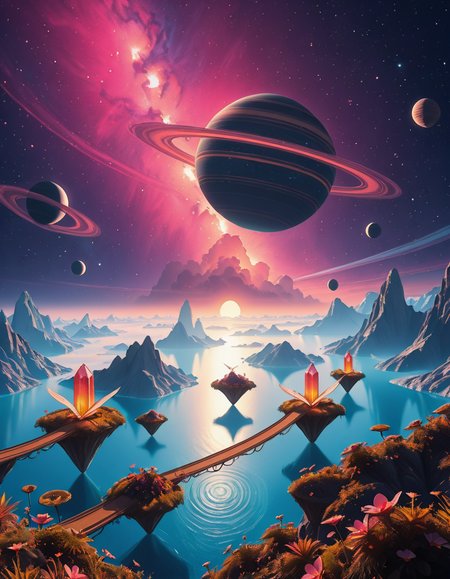 A breathtaking, high-resolution photograph of a celestial paradiseâa stunning, habitable planet floating in the vastness of space. The sky is a mesmerizing blend of deep purples, blues, and pinks, illuminated by twin suns casting golden light over the landscape. Towering crystal mountains shimmer in the distance, reflecting the vibrant hues of the nebula-filled sky. A vast, glowing ocean stretches across the horizon, its surface gently rippling with bioluminescent waves. Floating islands covered in lush, alien vegetation hover above the water, connected by natural bridges of luminescent vines. Exotic, radiant flowers bloom in every color imaginable, while gentle, ethereal creatures with translucent wings glide through the air. In the sky, a massive ringed gas giant looms majestically, its swirling clouds casting soft shadows over the dreamlike terrain. The air shimmers with floating particles of light, creating a surreal, otherworldly ambiance. The entire scene feels like a cosmic utopiaâtranquil, awe-inspiring, and untouched by time.
<lora:SDXLFaeTastic2400:0.4> <lora:extremely_detailed:0.4> extremely detailed,Celestial p4r4d1s3, <lora:Celestial_p4r4d1s3-i:1>, Masterpiece,best quality,hi res,8k,hi res,8k,award winning,(sharp focus, intricate, highly detailed),