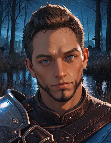 masterpiece, best quality, absurdres, newest, perfect quality, best quality, absolutely eye-catching, detailed background, intricate details, male focus, solo, realistic, <lora:Dragon Age Veilguard - Warden Tomasz - Illustrious_2-000004:0.7>, wtomasz, 1boy, mature male, blue eyes, outdoors, single pauldron, leather tunic, leather gauntlets, chest belt, wetland, night, portrait, looking at viewer, head tilt, portrait, no mustache