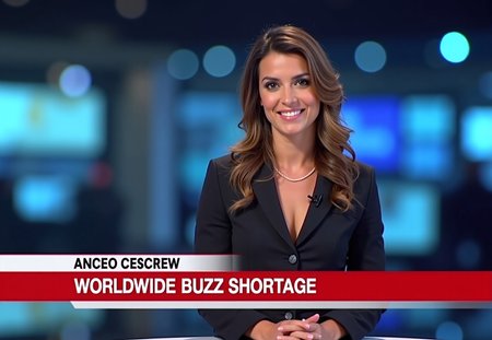 Beautiful anchor journalist woman presenting TV news, with a lowerthird saying "WORLDWIDE BUZZ SHORTAGE" like a nation wide broadcast news channel giving a scandal news to the nation