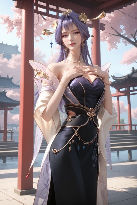 score_9, score_8_up, score_8, source_real,real skin, rating_explicit, mature female, ExpresiveH, best quality, unreal engine,game,cg, very aesthetic, CG, masterpiece, ultra high res, highres, More Details, high rating,Intricate and refined delicate details,  looking at viewer,
<lora:age_slider_v4:4>,
<lora:tianqiong:1>, 1girl, jewelry, solo, dress, hair ornament, bracelet, long hair, chinese clothes, earrings, black dress, purple hair, bare shoulders, east asian architecture,  Cherry blossom, tree, hand on own chest,