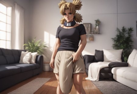 score_9, score_8_up, score_7_up, score_6_up, score_5_up, score_4_up, 1futa,hyper muscular tall futa,living room,standing,brown woman,grey t-shirt,checked lounge shorts,hyper bulged crotch,erceted crotch ,pumped veins,veiny arms,grabing crotch,tr, blonde hair, quad tails,  blue eyes,ytemari, 1girl, blonde hair, quad tails, blue eyes